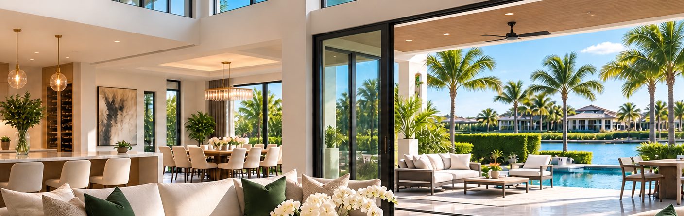 Bright, spotless South Florida living room opening onto a pool and palm trees